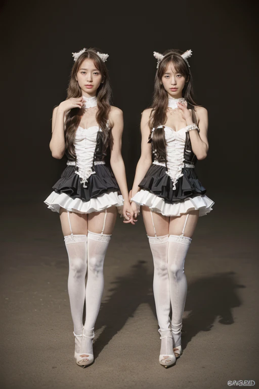 (Original Photography:1.2),(realistic、Practical:1.2),Cute sexy girl, Perfect body,Very long curls, Very detailed details of the face,Perfect hands,Bunny Girl, Exquisite clothing,Long legs,High heel,Surreal, Detailed lighting, Japanese style, 2 girls standing together