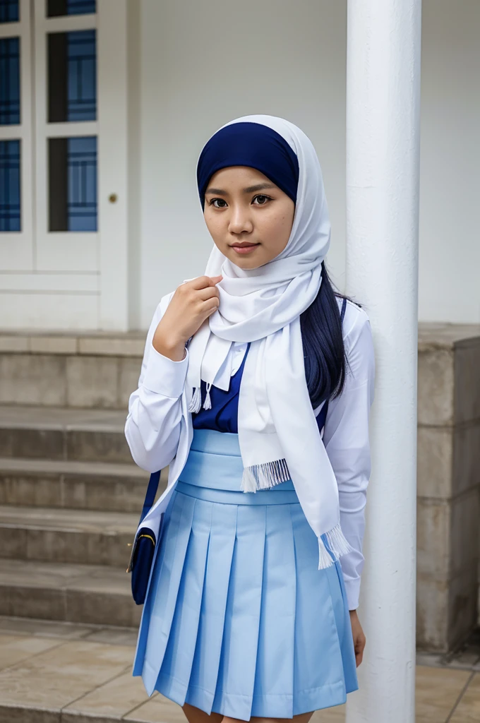 an Indonesian woman wearing a white scarf and a blue skirt, girl wearing uniform, jk uniform, white hijab, hijab, school girl, wearing , wearing a , student, , wonderful masterpiece, seifuku, cute , uniform, wearing authentic attire, candid picture, wearing headmistress uniform