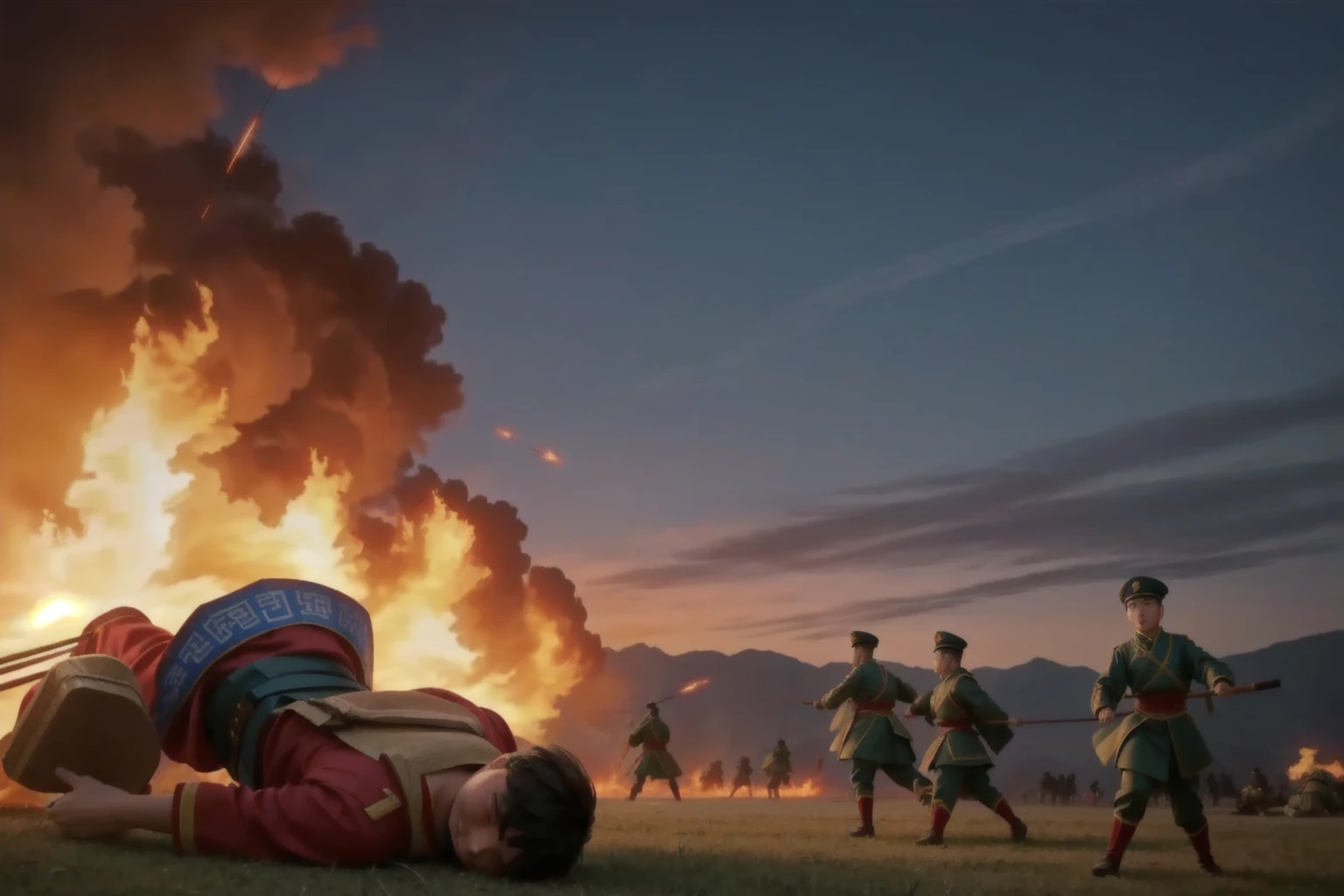 Scenes on the Chinese battlefield In front of him there were people lying on the ground, behind there were soldiers from two sides wearing old Chinese island uniforms fighting with each other. The sky is the color of fire. There were fire arrows still shooting each other through the sky.