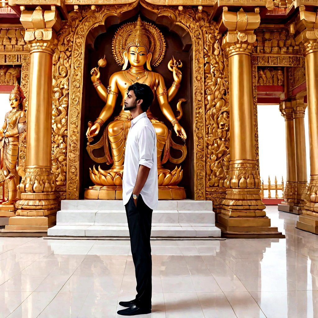 arafed man standing in front of a statue of a man, jayison devadas, candid picture, in front of white back drop, full body photogenic shot, profile pic, profile picture 1024px, jayison devadas style,  post, very accurate photo, background is heavenly, in front of a temple, by Max Dauthendey