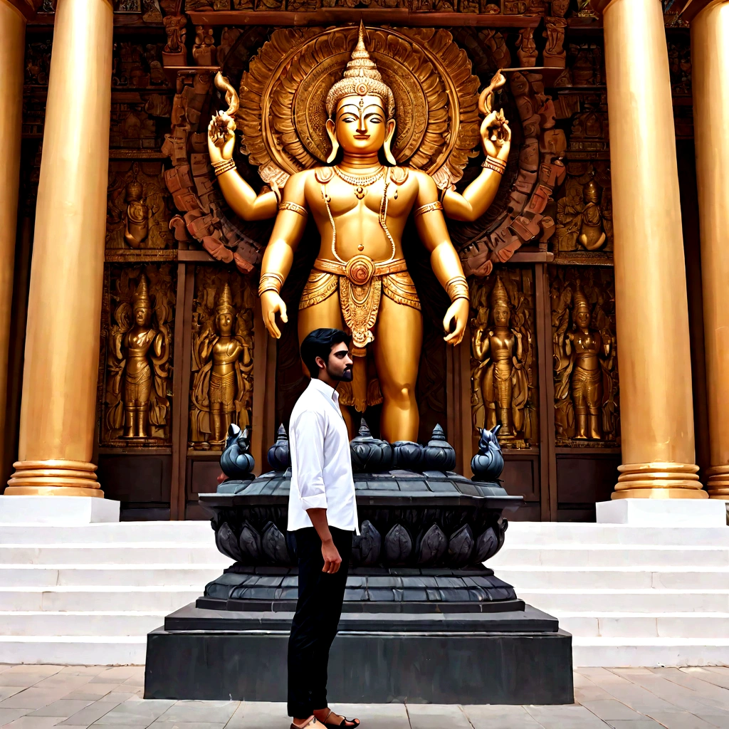 arafed man standing in front of a statue of a man, jayison devadas, candid picture, in front of white back drop, full body photogenic shot, profile pic, profile picture 1024px, jayison devadas style, post, very accurate photo, background is heavenly, in front of a temple, by Max Dauthendey
