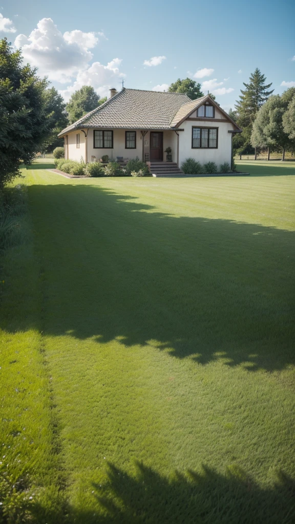 I want a vast green plain with a simple house