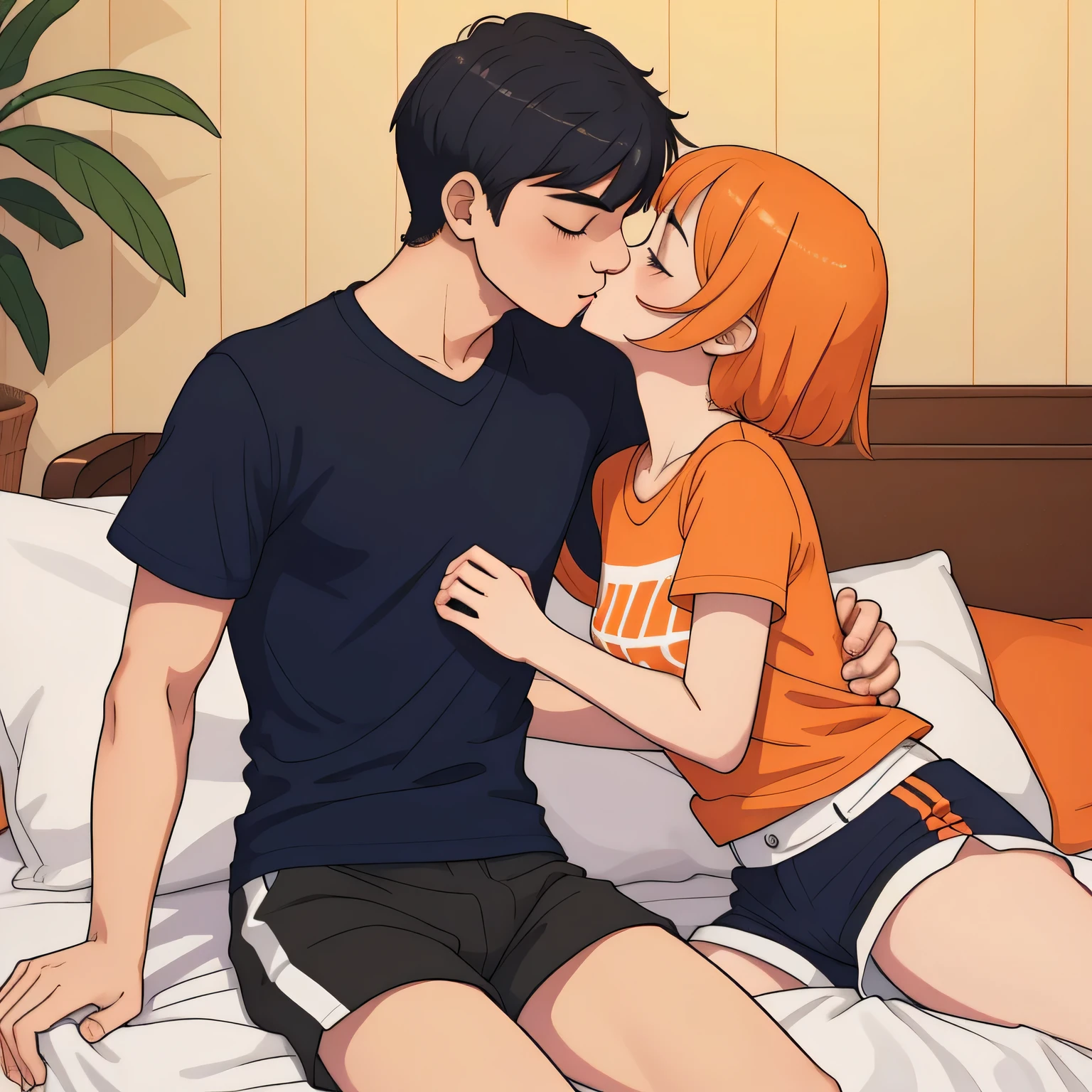 Amazing portrait of a young woman wearing white and orange striped t shirt and orange shorts and young boy wearing a navy blue t shirt and black shorts sitting on a bed together and kissing and making out passionately in a sexy and hot and lustful setting