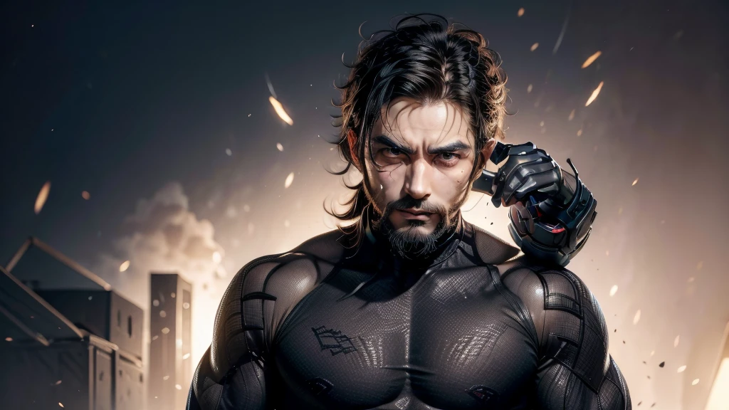 create enthusiastic man working on artificial intelligence with short beard, com uma capa preta, medium hair falling over the face