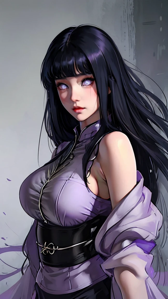 Hinata Hyuga, the last, shy girl, long black hair, blunt bangs, dark hair, Voluminous hair, lavender eyes, no pupils, Lavender Sleeveless Blouse, big breasts, slim waist, masterpiece, best quality, Professional, realistic
