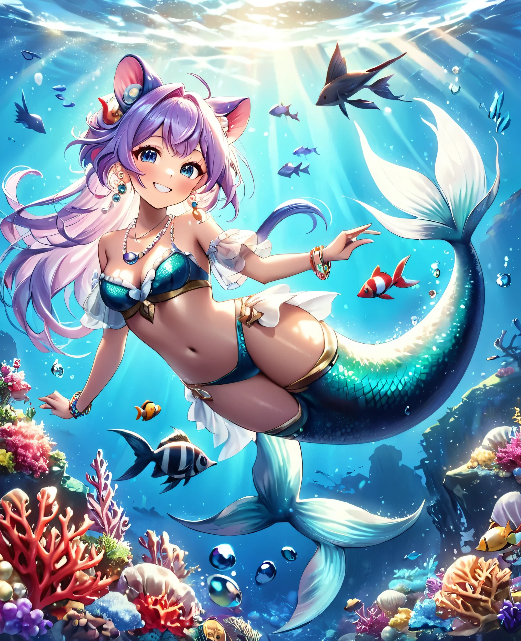 Highly detailed, masterpiece, high quality, pretty anthropomorphic mouse girl magically transformed into a mermaid, fantasy, race change, smiling, anime style, mouse ears, long mermaid tail below waistline, pelvic and dorsal fins, a pair of fish gills on her neck, seashells bra, pearl earrings and bracelets, pearl necklace,