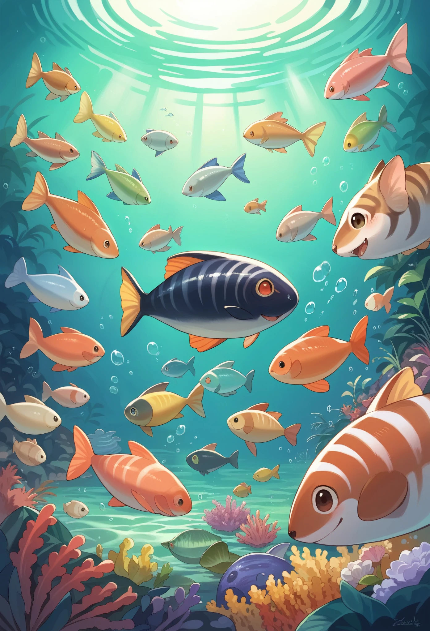cover page, anime key visual, highres, top quality, best quality, paid reward available, High-quality illustrations, unparalleled masterpiece, perfect artwork, absurdres, super high resolution, detailed background, An aquarium where colorful fish swim, 6+boys, 6+girls, Happy, joyful(Photos of solo travelers)(kemono, furry anthro),