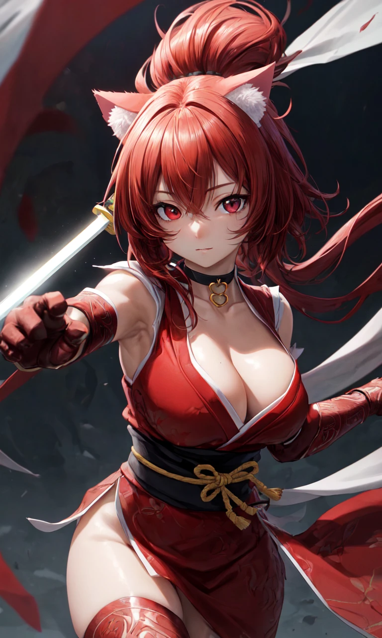 Masterpiece, Best Quality, Super Detailed, High Definition, Expensive Resolution, HDR, 4k, 8K, Unity 8k Wallpaper, Super Detailed CG, Masterpiece, Beautiful Details, Depth, Fine Texture, Super Fine: 1.3, Fully focused, crispy, skin, Very cute anime girl, ((red right eyes)) , looking at camera, ornament, heart, choker, sfw, covered medium breasts, red hair with cat ears, wearing a Japanese red shiny ninja like outfit, white fur, wearing gloves , carrying a sword, fullbody, fighting pose