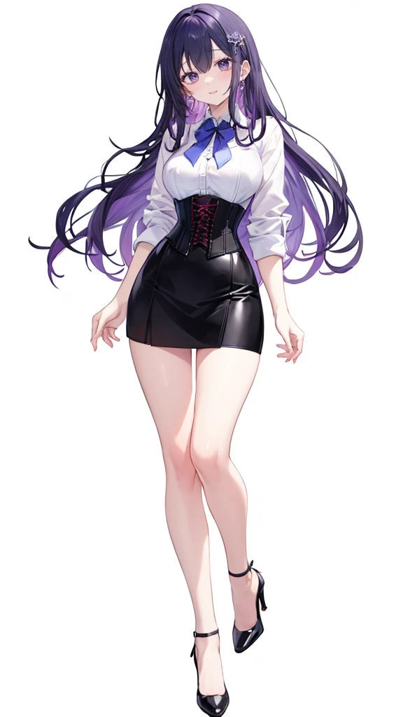 Purple Hair,Long Hair,Adult female,White Y-shirt,((Roll up her sleeves)),(corset),(Black tight skirt),(High heels),((A simple, blank white background)),smile,((full body)),((whole body)),