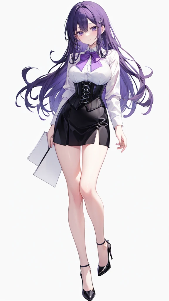 Purple Hair,Long Hair,Adult female,White Y-shirt,((Roll up her sleeves)),(corset),(Black tight skirt),(High heels),((A simple, blank white background)),smile,((full body)),((whole body)),