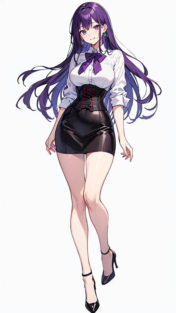 Purple Hair,Long Hair,Adult female,White Y-shirt,((Roll up her sleeves)),(corset),(Black tight skirt),(High heels),((A simple, blank white background)),smile,((full body)),((whole body)),