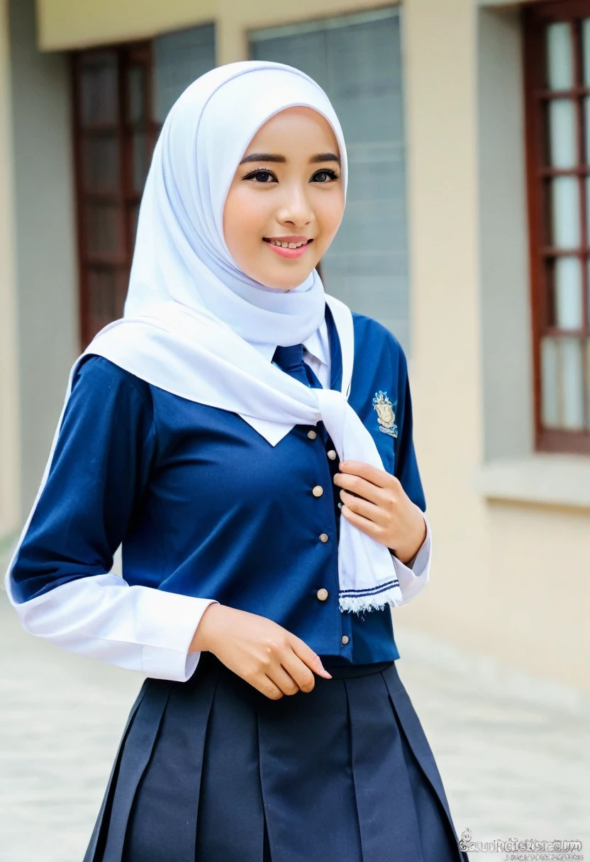 an Indonesian woman wearing a white scarf and a blue skirt, girl wearing uniform, jk uniform, white hijab, hijab, school girl, wearing , wearing a , student, , wonderful masterpiece, seifuku, cute , uniform, wearing authentic attire, candid picture, wearing headmistress uniform