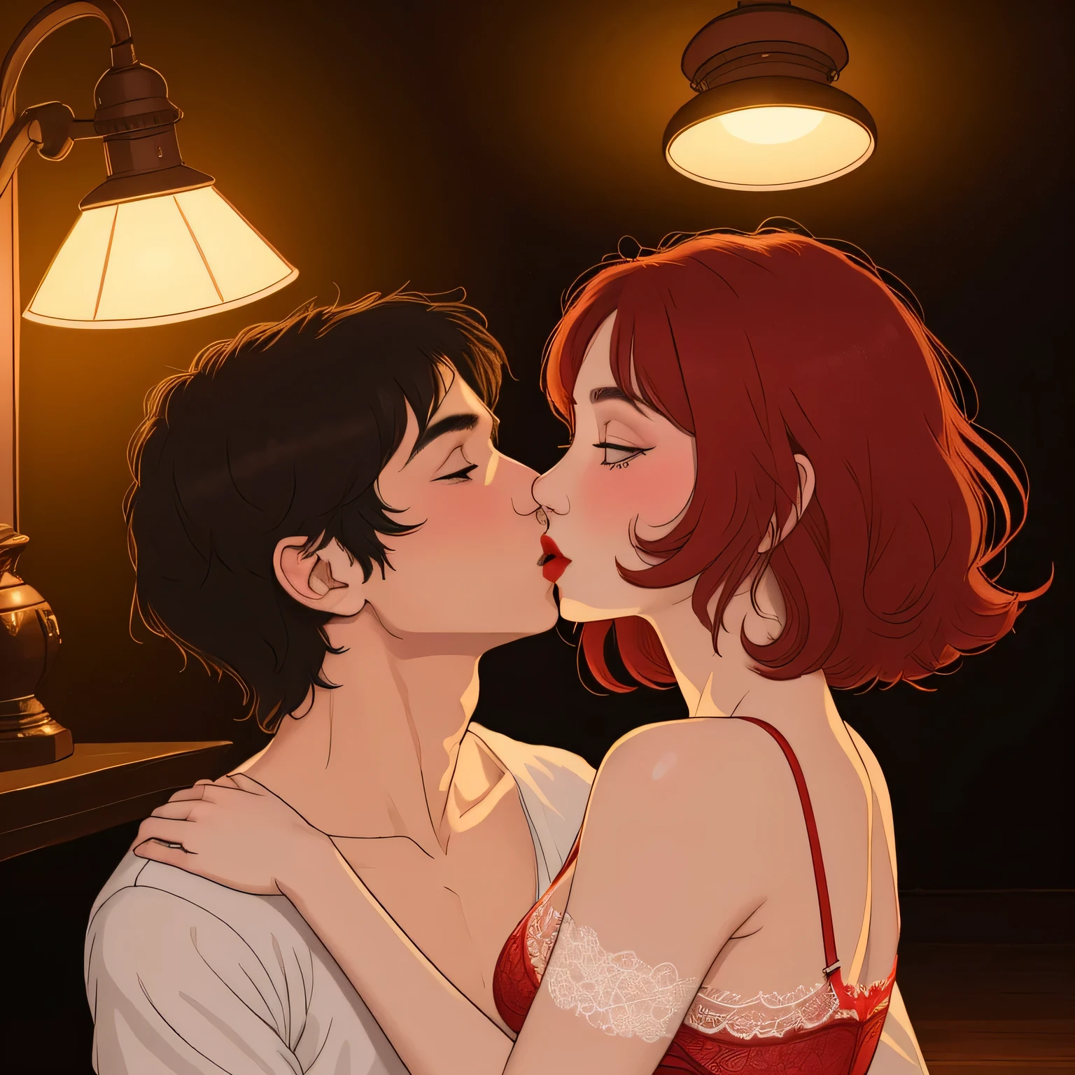 Amazing portrait of a sexy woman kissing and making out with a shirtless boy with her glossy red lips while wearing a sheer white shirt that reveals the red lacy lingerie that she's wearing underneath the shirt in a dimly lit room with one lamp giving off warm lighting