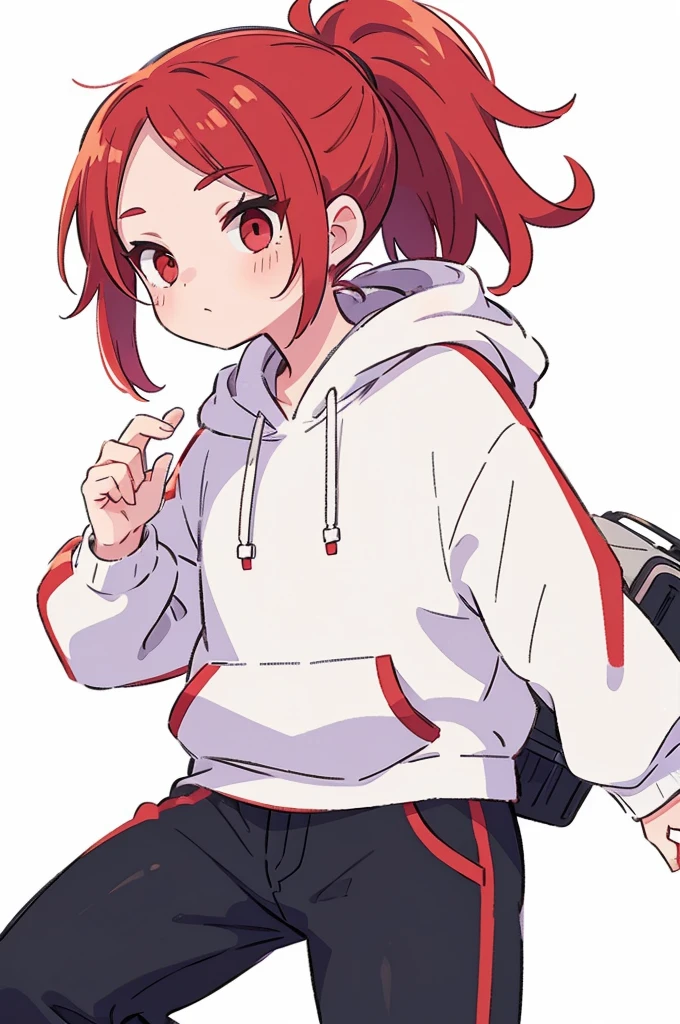 1 person, Adult, Red Hair, ponytail, red eyes, white hoodie, black pants, white background, forehead