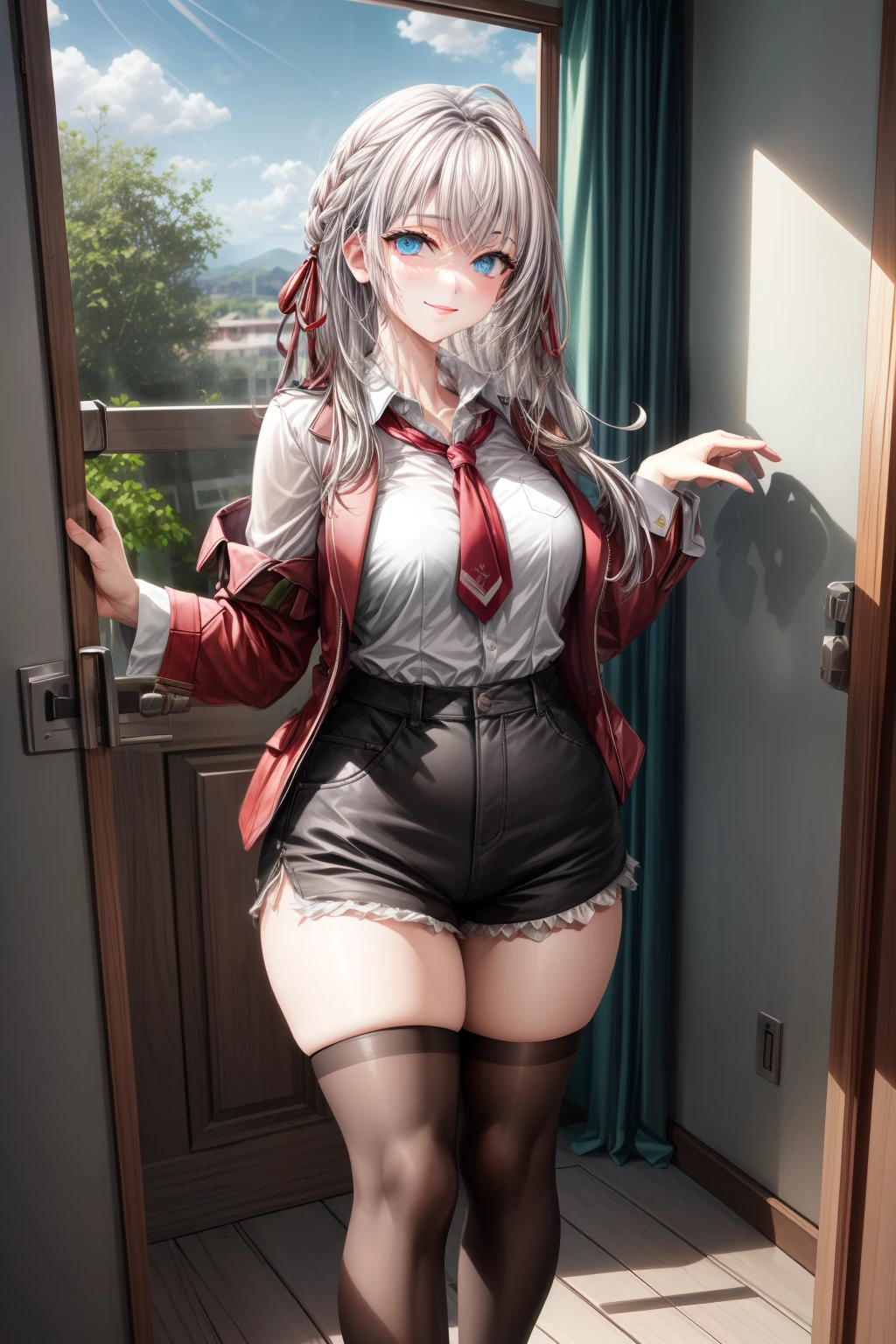 Alisa Kujou,
(day:1.7), in a room with curtains on the windows,adentro, 1 girl standing at attention, ,hembra joven,hermoso Finger, hermoso long legs ,hermoso body ,hermoso Nose ,hermoso character design, ojos perfectos, perfect rostro,
There is an anime girl in shorts walking through an open door., 1 chica, muslos, solo, (falda muy corta:1.4), blue eyes, senos, chaqueta, camisa school, medias largas , falda , white camisa, arco, mano en la cadera, rubor, black muslos, arcotie, adentro, calzado marron, zettai ryouiki, mocasines, zapatos, large senos, cuerpo completo, mirando al espectador, boca abierta, thighs,
mirando al espectador, sonrisa, saludando al espectador, en el centro de la imagen, Fondo de pantalla CG unity 8k extremadamente detallado, Perfect lighting,vistoso, Brillante_frente_rostro_Lightinasterpiece:1.0),(mejor_calidad:1.0), ultra high resolution,4k,ultra detallado,
Photography, 8k, hdr, high resolution, absurdos:1.2, codas portra 400, film grain, fondo borroso, bokeh:1.2, Destello de lente, (vibrante_color:1.2)
, (hermoso_rostro:1.5),(angosto_cintura), (hermoso,Enorme_senos:1.3)