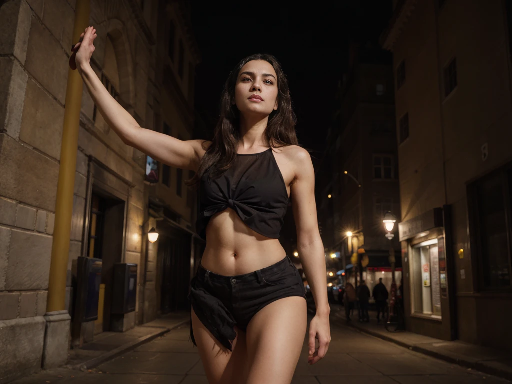 paparazzi photo of sofiax, gorgeous woman, raised arms posing like a model, hands holding hair, shot from below, camera way under woman, dominant pose. shot from under, shot from below, camera below woman, HDR, photoreal, high heels in an off-end road [night-time, cathedral in background], perfect symmetrical face