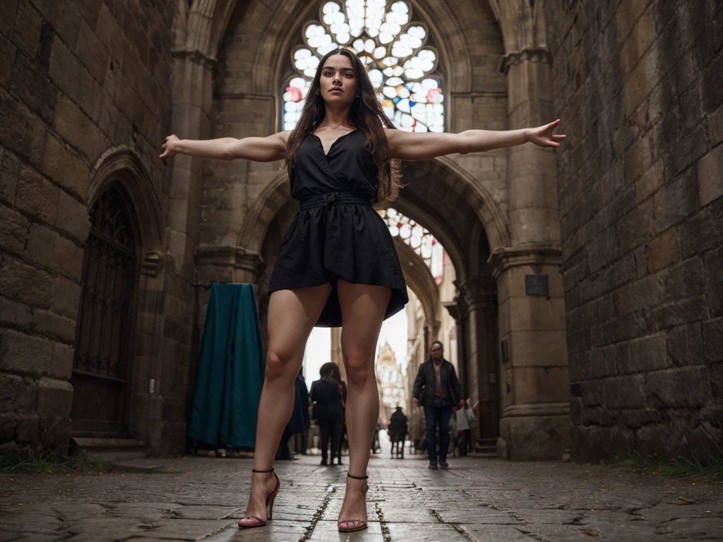 paparazzi photo of sofiax, gorgeous woman, raised arms posing like a model, hands holding hair, shot from below, camera way under woman, dominant pose. shot from under, shot from below, camera below woman, HDR, photoreal, high heels in an off-end road [night-time, cathedral in background], perfect symmetrical face