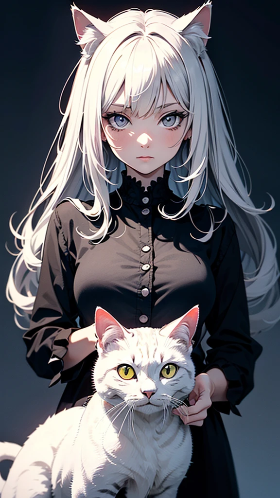 Vector digital art, centralized image in an amazing illustration of a charming perfect girl in black and white only, with the only piece in color being a red accessorie but just one and nothing else, in the center of this piece of art is the majestic hyperdetailed cat, watercolor professional style