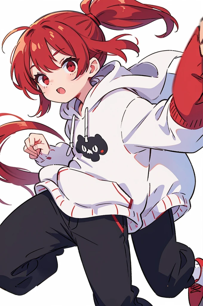 1 person, Adult, Red Hair, ponytail, red eyes, white hoodie, black pants, white background