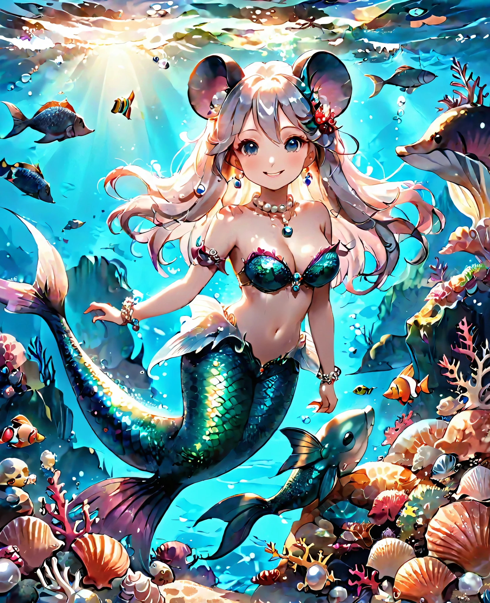 Highly detailed, masterpiece, high quality, pretty anthropomorphic mouse girl magically transformed into a mermaid, fantasy, race change, smiling, anime style, mouse ears, long mermaid tail below waistline, pelvic and dorsal fins, a pair of fish gills on her neck, seashells bra, pearl earrings and bracelets, pearl necklace,