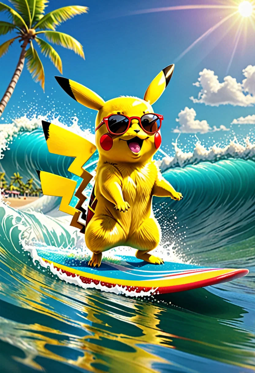 Pikachu, wearing sunglasses, surfing on a wave, tropical beach background, bright colors, dynamic action pose, playful expression, highly detailed, cartoon style, 4k resolution