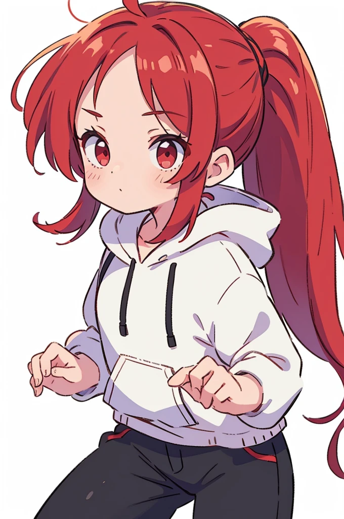 1 person, Adult, Red Hair, ponytail, red eyes, white hoodie, black pants, white background