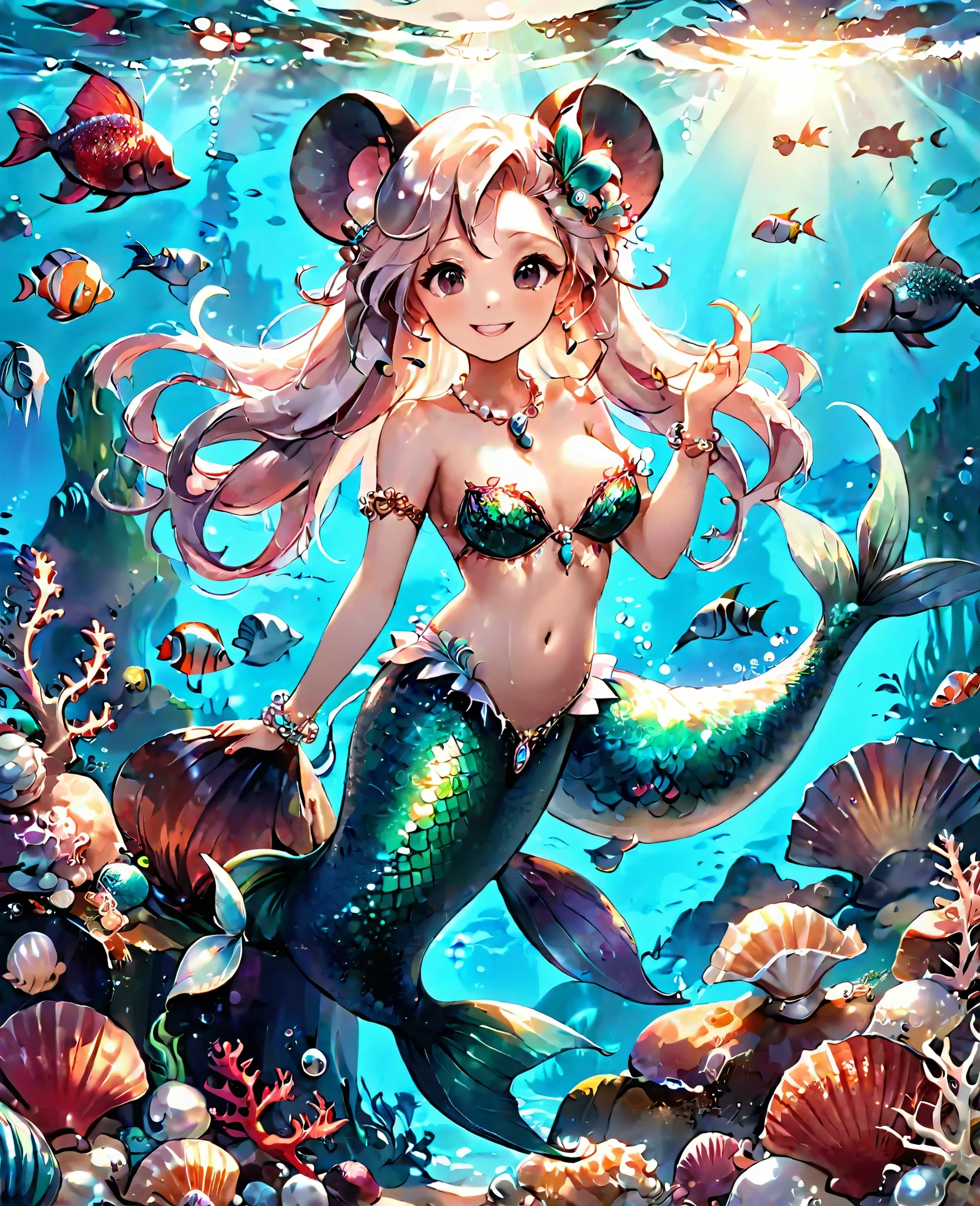 Highly detailed, masterpiece, high quality, pretty anthropomorphic mouse girl magically transformed into a mermaid, fantasy, race change, smiling, anime style, mouse ears, long mermaid tail below waistline, pelvic and dorsal fins, a pair of fish gills on her neck, seashells bra, pearl earrings and bracelets, pearl necklace,