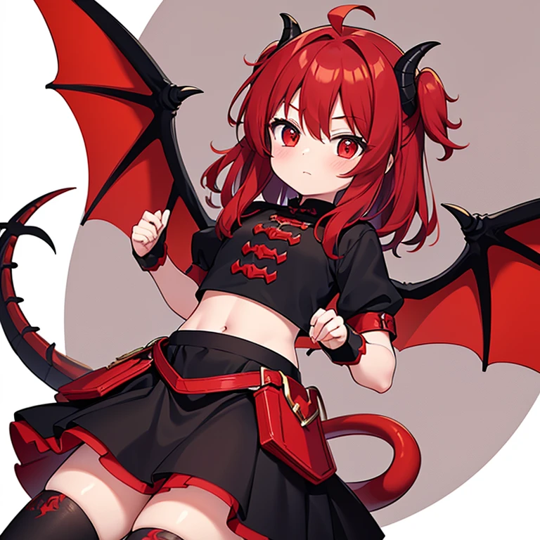 Red hair, 4 years old, 1 girl, red and black dragon wings, red and black dragon tail, draconic skirt, cute