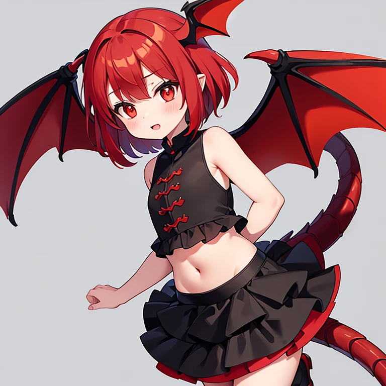 Red hair, 4 *********, 1 girl, red and black dragon wings, red and black dragon tail, draconic skirt, cute 