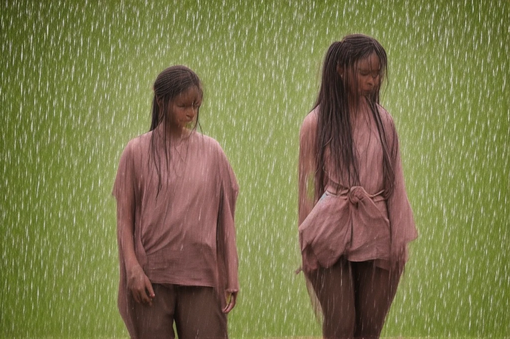 short girl, dark skin, Brown hair, long hair, hair in a low ponytail, matted hair, wide hips, Casual clothes, rain на фоне, rain