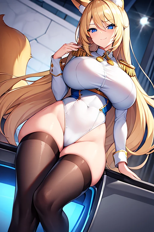 1girl, blonde hair, long hair, huge breasts, thick thighs, blue eyes, smile, smirk, smug, leotard, white leotard, police uniform, white clothes, bare legs, policewoman, police hat, fox ears, fox tail, mature female, toned, hourglass figure, black thighhighs, thighhighs, car, sports car, epaulettes, long sleeves, sleeves, milf