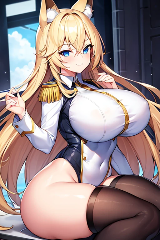 1girl, blonde hair, long hair, huge breasts, thick thighs, blue eyes, smile, smirk, smug, leotard, white leotard, police uniform, white clothes, bare legs, policewoman, police hat, fox ears, fox tail, mature female, toned, hourglass figure, black thighhighs, thighhighs, car, sports car, epaulettes, long sleeves, sleeves, milf