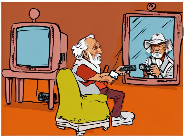 Digital painting with Adobe Photoshop of An elderly man, sitting on a couch pointing the remote control at the mirror, thinking it's the TV, 8k