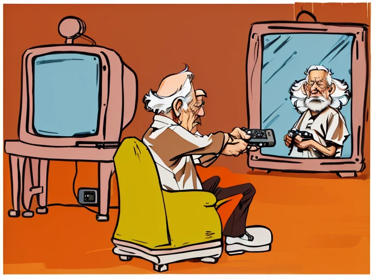 Digital painting with Adobe Photoshop of An elderly man, sitting on a couch pointing the remote control at the mirror, thinking it's the TV, 8k