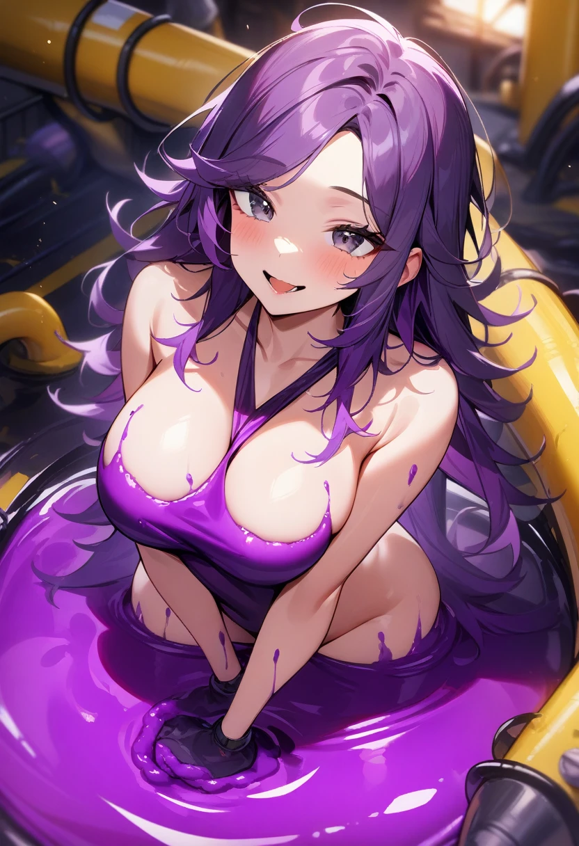 1girl, sexy smile, mouth open, large breasts, long and messy hair, parted messy bangs, purple hair, black eyes, nude, inside a puddle of purple sludge, covered in purple sludge, toxic waste, industrial factory zone, masterpiece quality, ultra HD, 4K, best quality,