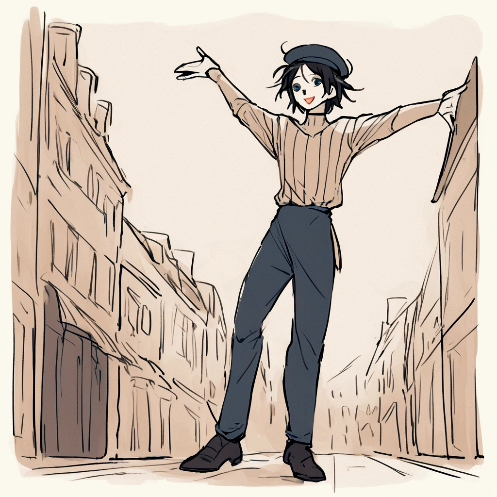 adult tall male mime, shirt grunge, sketchy lines, messy hair, black hair, wearing a beret,,happy, has mime makeup on, wearing a mime outfit, dark blue eyes, performing on the streets of paris, showing full body, on a city street, solo, alone, (SOLO)(ALONE) Dancing, arms out, hands open