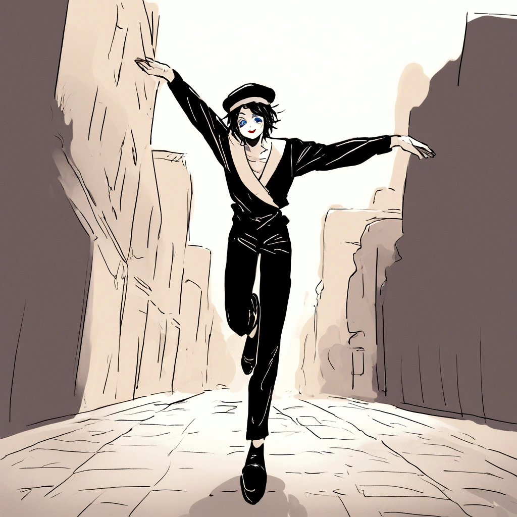 adult tall male mime, shirt grunge, sketchy lines, messy hair, black hair, wearing a beret,,happy, has mime makeup on, wearing a mime outfit, dark blue eyes, performing on the streets of paris, showing full body, on a city street, solo, alone, (SOLO)(ALONE) Dancing, arms out, hands open