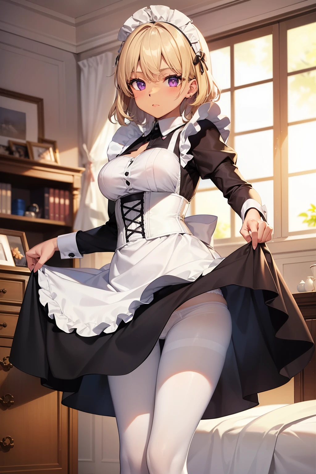 (Tabletop, highest quality, Super detailed), One Girl, Purple eyes, Blonde Hair, Dark Skin, Short Hair、Perm Hair、((White Pantyhose))、(Bedroom)、((Maid clothes))、Long skirt、((Panties))、corset