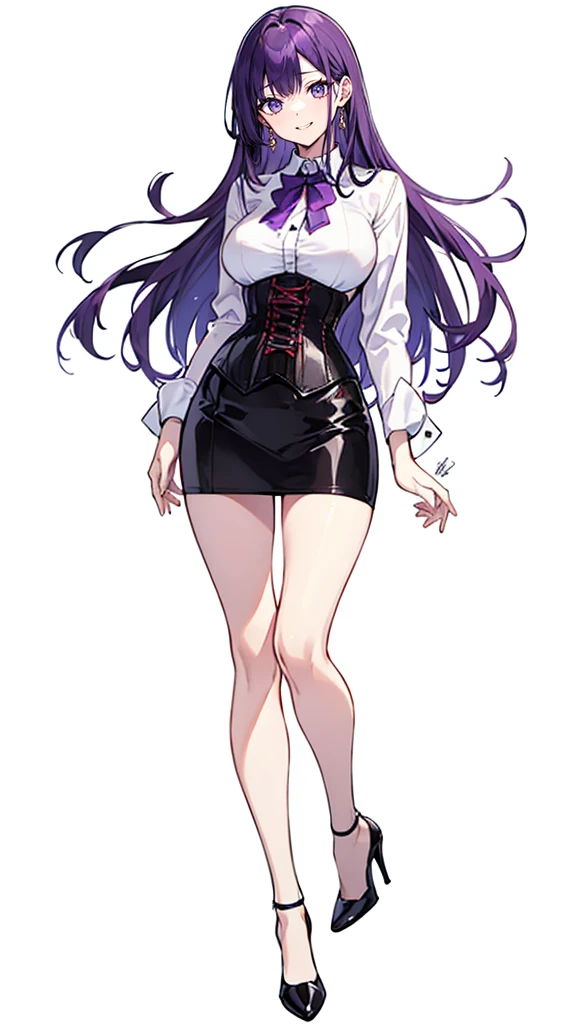 Purple Hair,Long Hair,Adult female,White Y-shirt,((Roll up her sleeves)),(corset),(Black tight skirt),(High heels),((A simple, blank white background)),smile,((full body)),((whole body)),