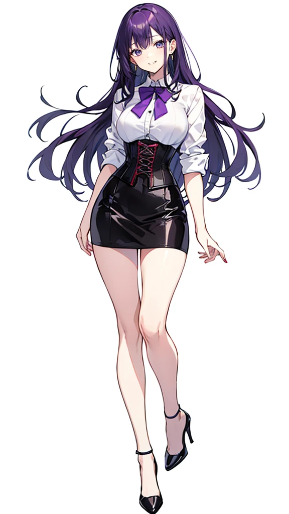 Purple Hair,Long Hair,Adult female,White Y-shirt,((Roll up her sleeves)),(corset),(Black tight skirt),(High heels),((A simple, blank white background)),smile,((full body)),((whole body)),