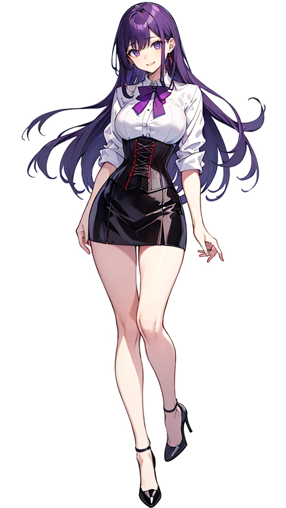Purple Hair,Long Hair,Adult female,White Y-shirt,((Roll up her sleeves)),(corset),(Black tight skirt),(High heels),((A simple, blank white background)),smile,((full body)),((whole body)),
