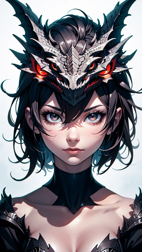 Vector digital art, centralized image in an amazing illustration of a charming perfect girl in black and white only, with the only piece in color being a red accessorie but just one and nothing else, in the center of this piece of art is the majestic hyperdetailed dragon, watercolor professional style