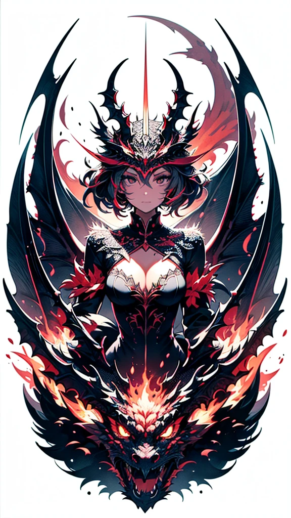 Vector digital art, centralized image in an amazing illustration of a charming perfect girl in black and white only, with the only piece in color being a red accessorie but just one and nothing else, in the center of this piece of art is the majestic hyperdetailed dragon, watercolor professional style