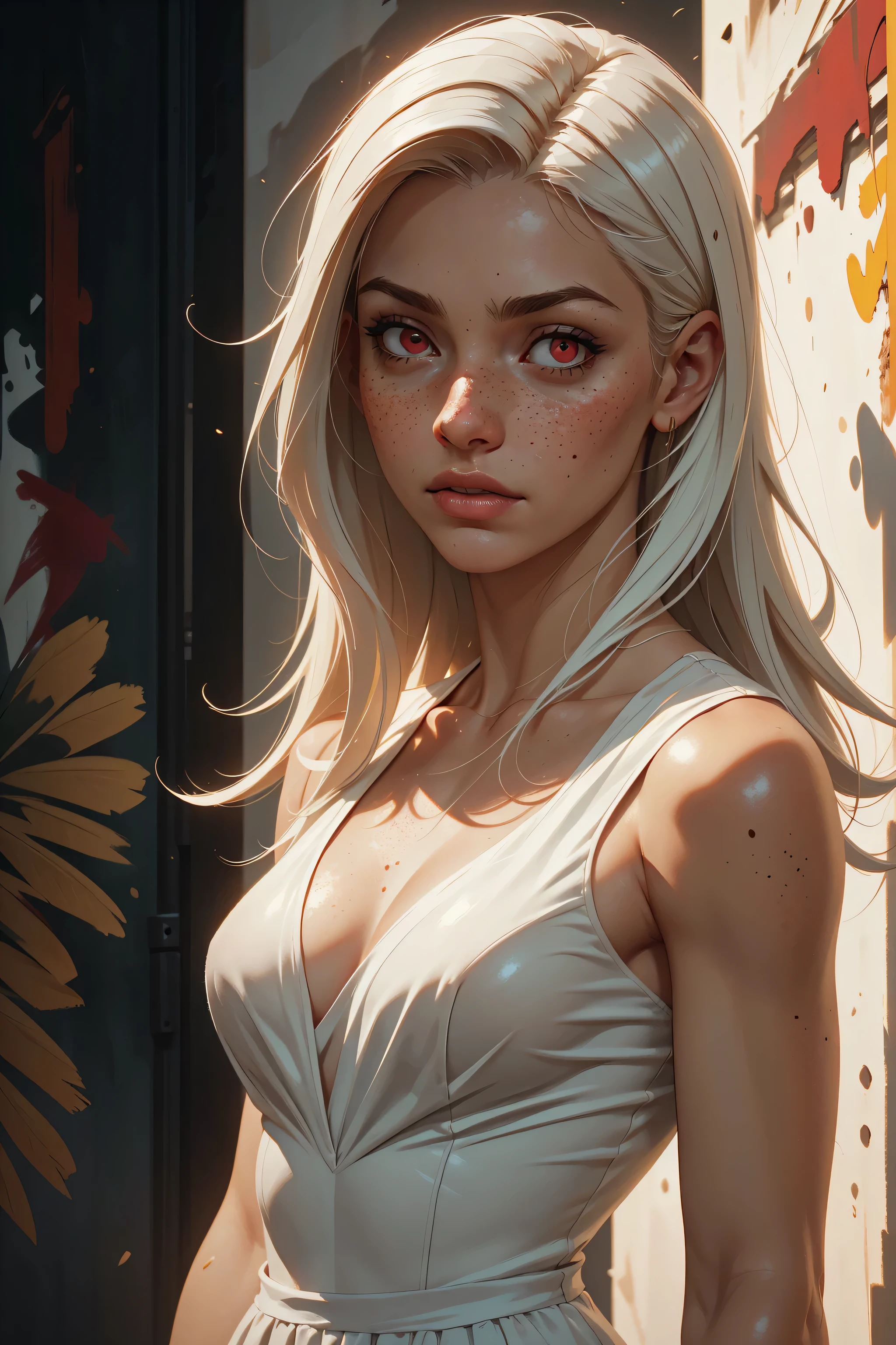 Sinthpaint, Realistic oil paint, 1woman, solo, red eyes, long white hair, beautiful, freckles, beautiful body, white dress, grey background, graffiti texture background, natural lighting, detailed skin Textures, intricate, detailed face, hyperrealistic, realistic light and shadows , (((cinematic lighting))).