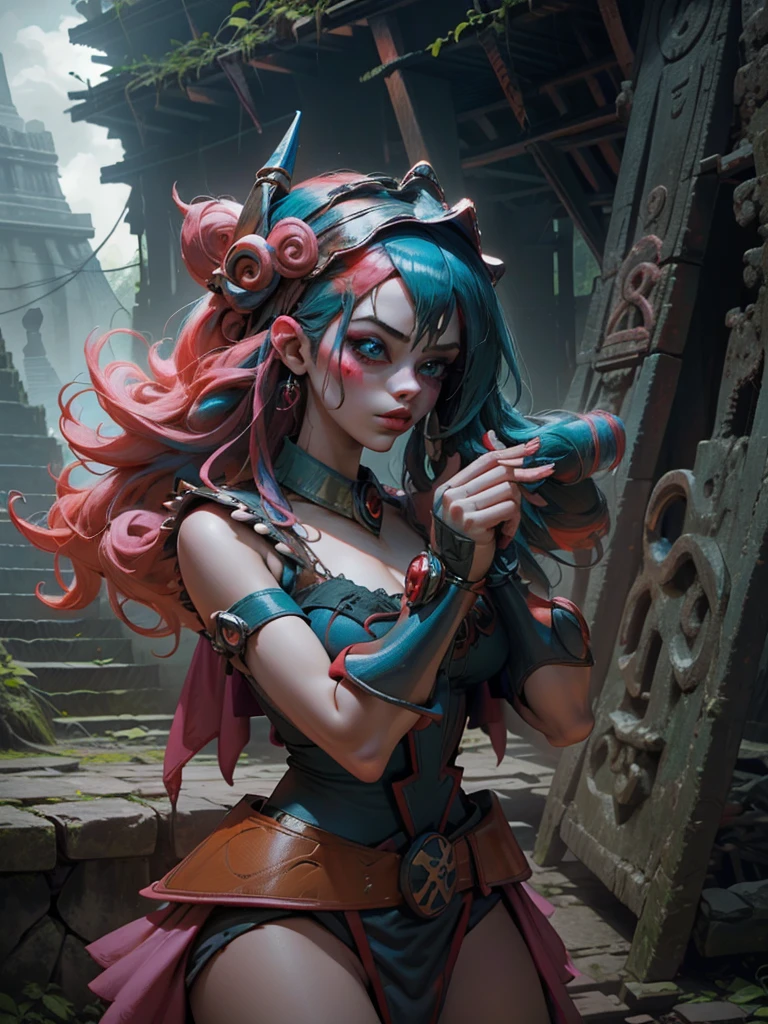 Hermosa y sensual dark magician gils vestida como Harley Quinn. pelo rojo y azul. Labios rojos. Ojos azules. Fondo de ruinas MAYAS De TIKAL. en medio de la selva . Ruina maya de Tikal. Pose amistosa