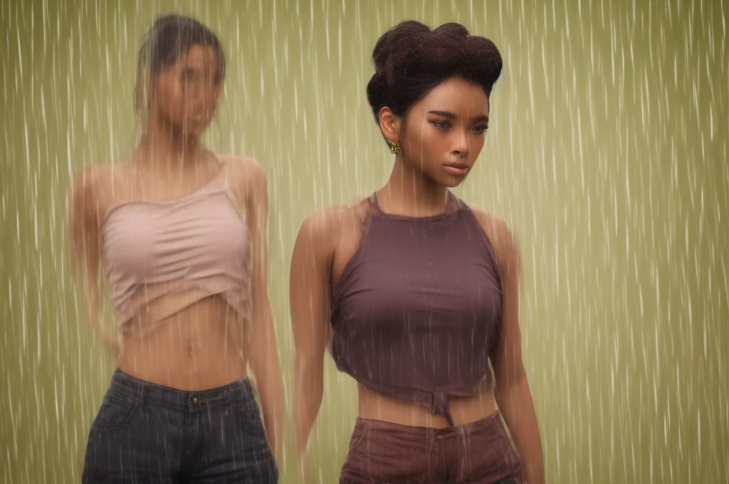 short girl, dark skin, Brown hair, long hair, hair in a low ponytail, matted hair, wide hips, Casual clothes, rain на фоне, rain