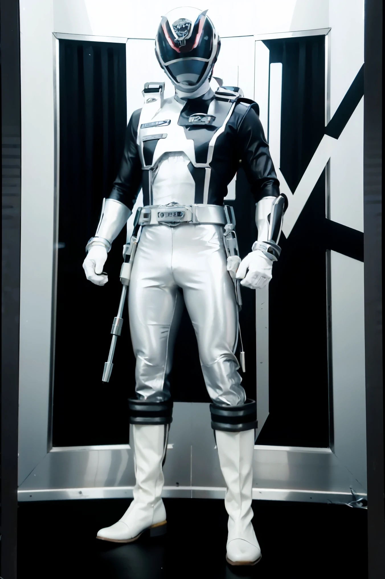 1boy, white, full body, Illustration, cinematic light, high resolution, best quality, ultra detailed, masterpiece, power suit, powerranger, suit, spd, (Silver ranger suit))