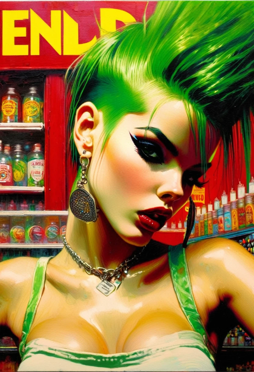 Punk girl, green hair, sexy naked, full body, in the middle of a small candy store, facial cumshot, body cumshot, full of semen all over her body, semen, a lot of semen, semen on the face, semen on the body, art by Bill Sienkiewicz, intricate details, oil painting.
