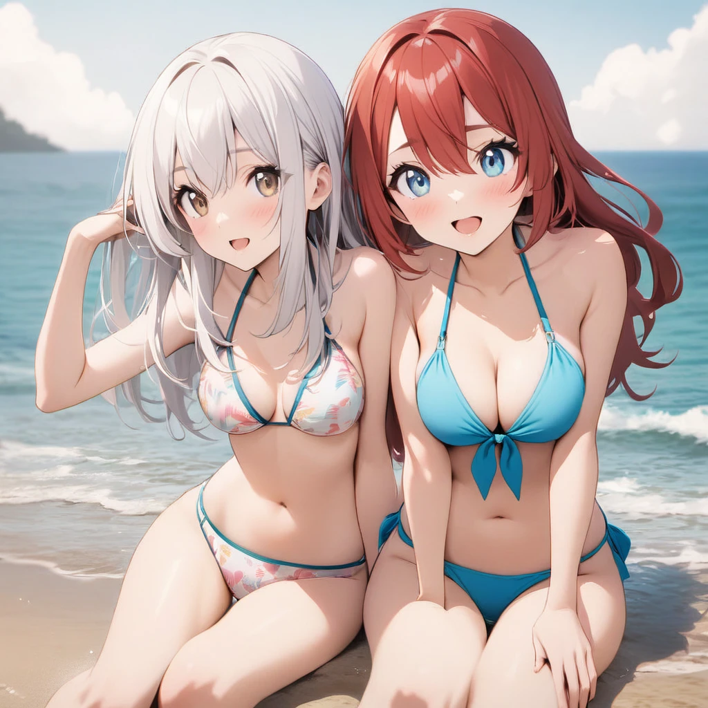 White hair brown eyes bikini girl, and red hair blue eyes bikini girl at beach