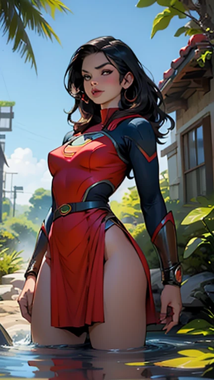 Incredible Supergirl with a vibrant Brazilian dress, beautiful detailed eyes, exotic features, long flowing hair, and a confident stance. The dress is made of shimmering silk fabric with intricate embroidery and colorful patterns, showcasing the rich culture of Brazil. The dress fits perfectly, accentuating her graceful curves and adding a touch of elegance to her superhero identity. The scene is set in a lush garden filled with tropical flowers and vibrant foliage. The sunlight filters through the leaves, casting a warm glow on the surroundings. The colors are vivid and vibrant, reflecting the energy and vibrancy of Brazil. The composition is dynamic, capturing the Supergirl's strength and determination. The image is of the highest quality, with ultra-detailed rendering and sharp focus. The artwork resembles a realistic combination of digital illustration and photography, blurring the line between fantasy and reality. The overall tone is vibrant and energetic, reflecting the spirit of adventure and excitement that Supergirl embodies.